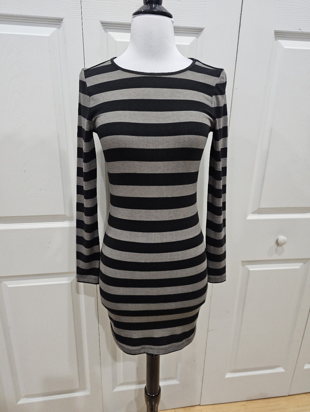 Forever 21 Punk Goth Black & Gray Striped Bodycon Long Sleeve Mini Dress S